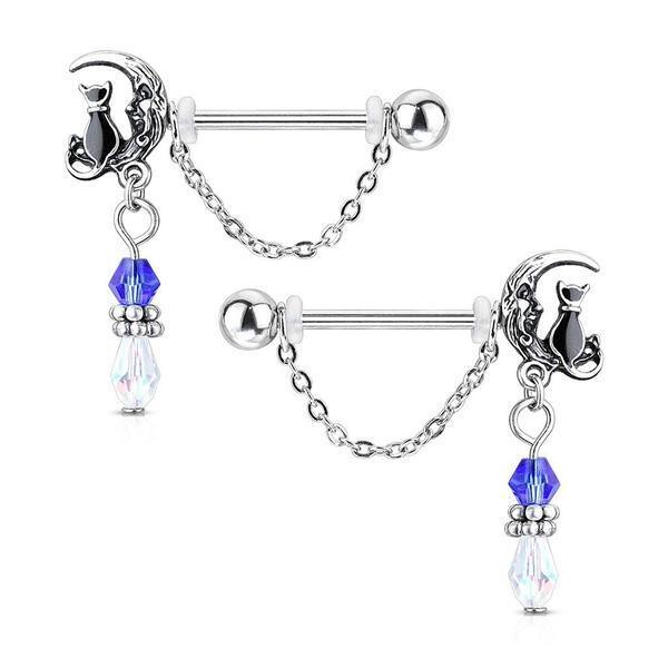 Cat and Moon Nipple Dangle PAIR 14G