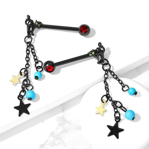 Cat and Stars Nipple Dangle PAIR 14G
