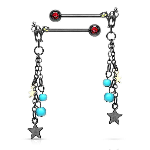 Cat and Stars Nipple Dangle PAIR 14G