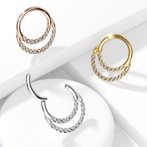 Double Layered Paved Hinged Ring 16G 8mm