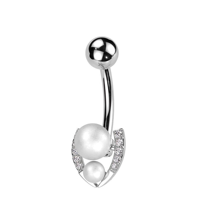Double Pearl Belly Bar 14G