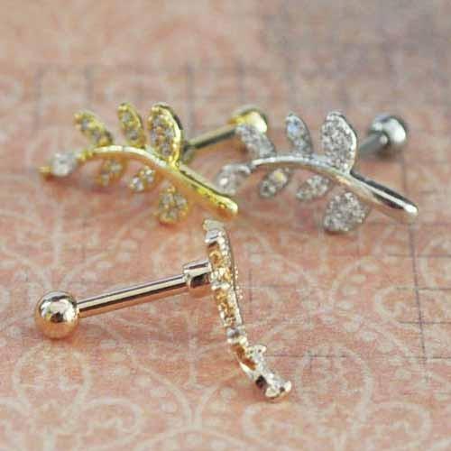 Gem Paved Leaf Cartilage Bar 16G