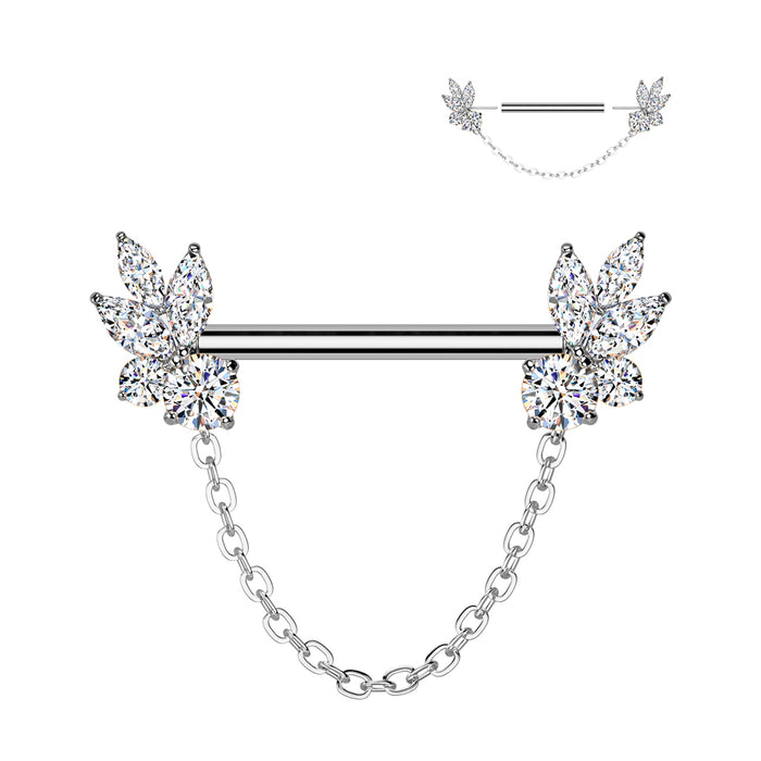 Marquise CZ Fan Nipple Barbell – 316L Surgical Steel 14G Threadless Bar with Chain Dangle, Silver Finish