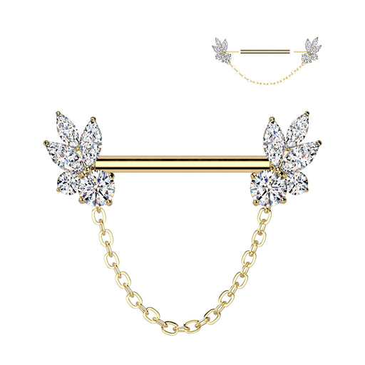 Marquise CZ Fan Nipple Barbell – 316L Surgical Steel 14G Threadless Bar with Chain Dangle, Gold Finish