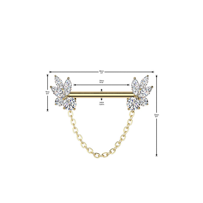 Marquise CZ Fan Nipple Barbell – 316L Surgical Steel 14G Threadless Bar with measurements