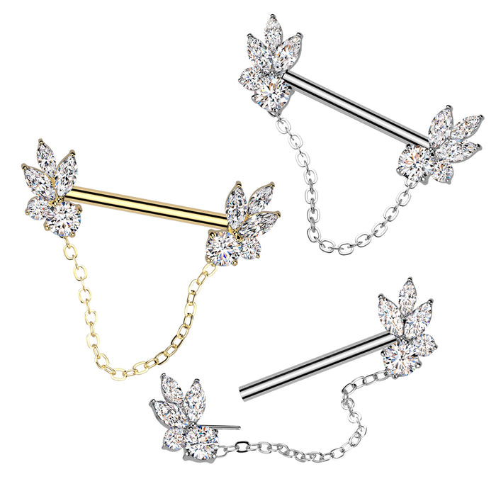 Marquise CZ Fan Nipple Barbell – 316L Surgical Steel 14G Threadless Bar with Chain Dangle, Gold or Silver Finish