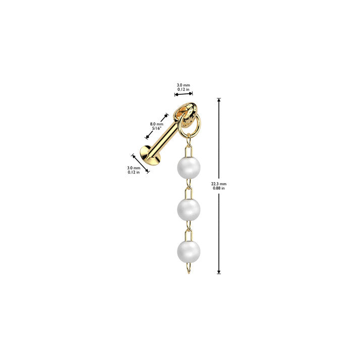 Gold earring with pearl beads and measurement details on a white background