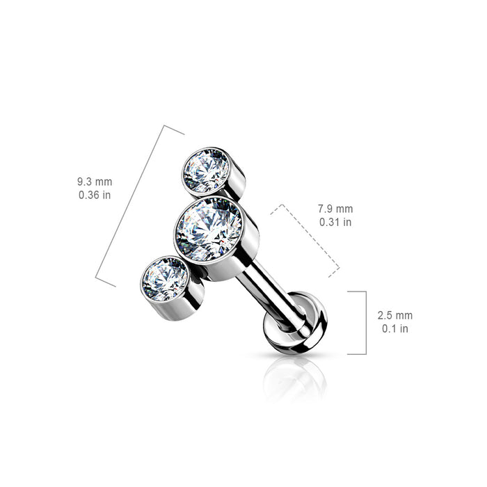 Titanium Triple Gem Labret – 16G Solid Titanium Threadless Labret with Central 4 mm and Side 3 mm CZ Gems with measurements