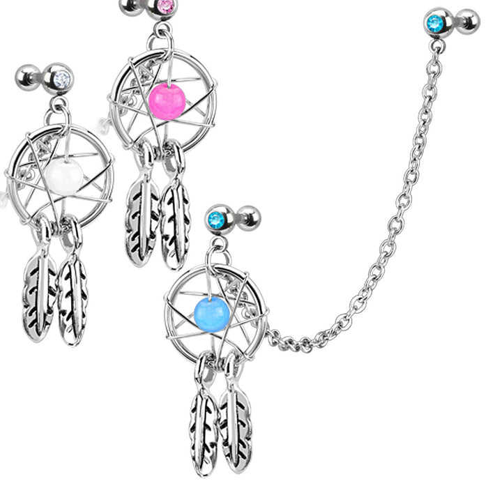 Cartilage Chain bars with dreamcatcher design featuring feathers and colorful beads on a white background