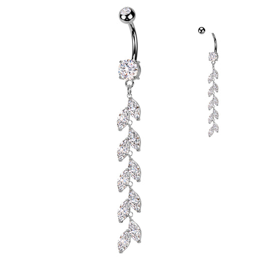 Vine Drop Belly Bar – Silver 316L Surgical Steel with Clear CZ Gems