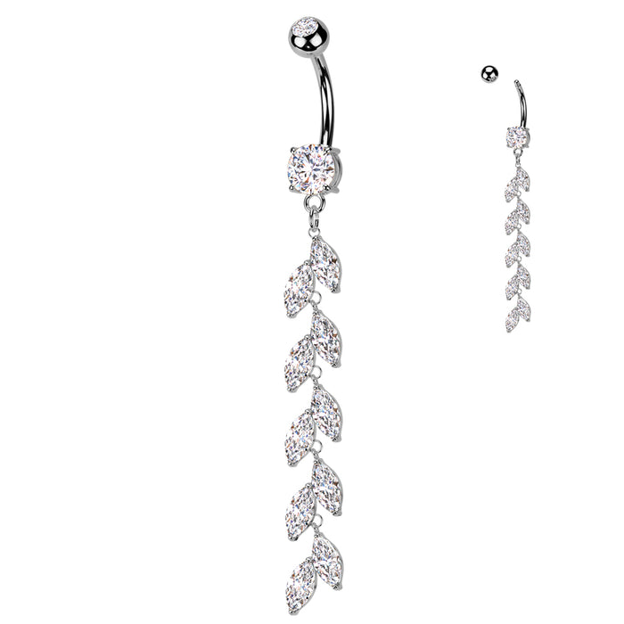 Vine Drop Belly Bar – Silver 316L Surgical Steel with Clear CZ Gems