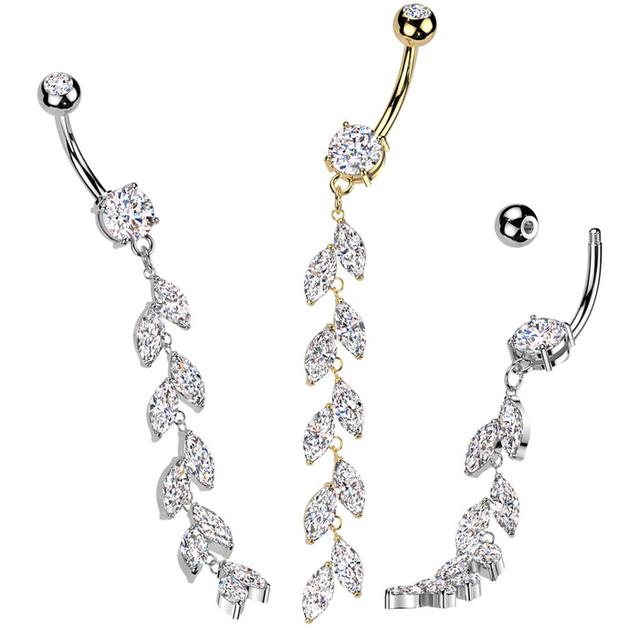 Vine Drop Belly Bar – 14kt Gold or Silver 316L Surgical Steel with Clear CZ Gems