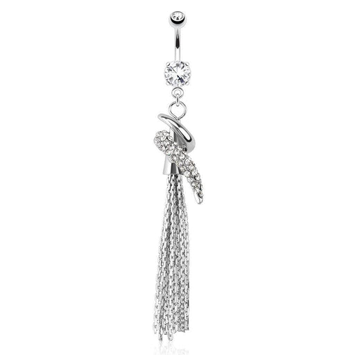 Paved Swirl and Chain Dangle Belly Bar 14G-My Body Piercing Jewellery