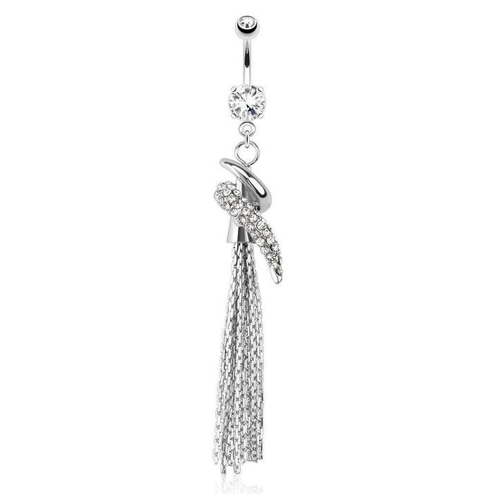 Paved Swirl and Chain Dangle Belly Bar 14G-My Body Piercing Jewellery