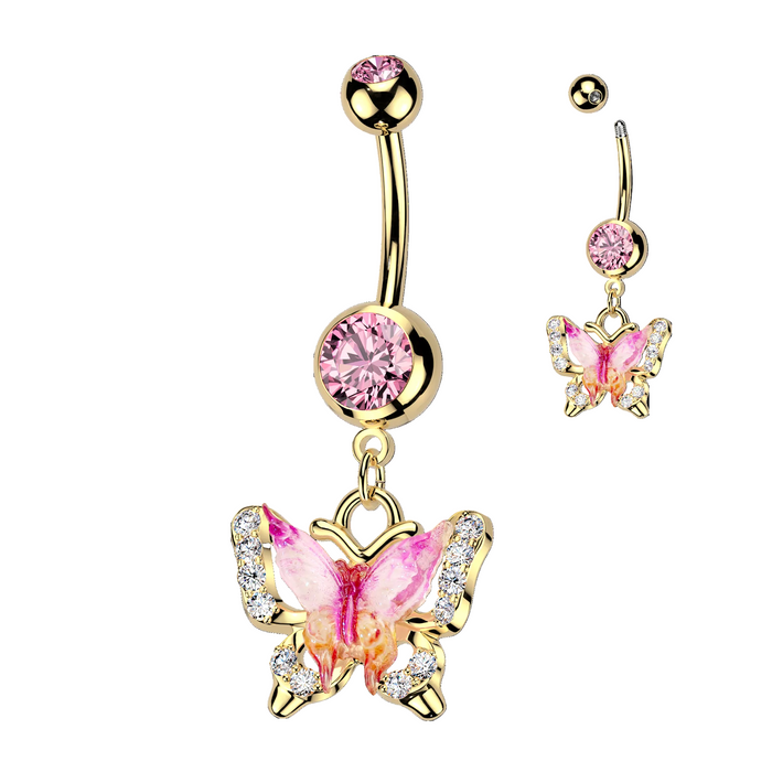 Pink Butterfly Dangle Belly Bar 14G