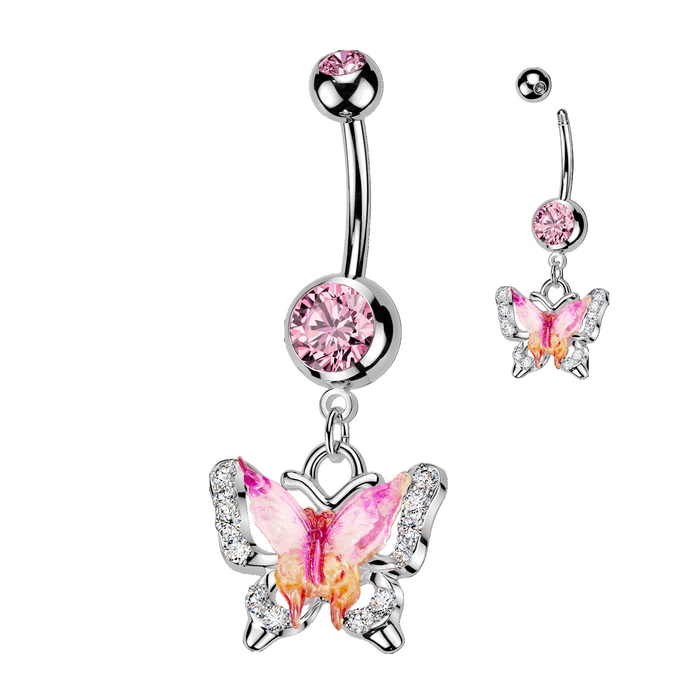 Pink Butterfly Dangle Belly Bar 14G