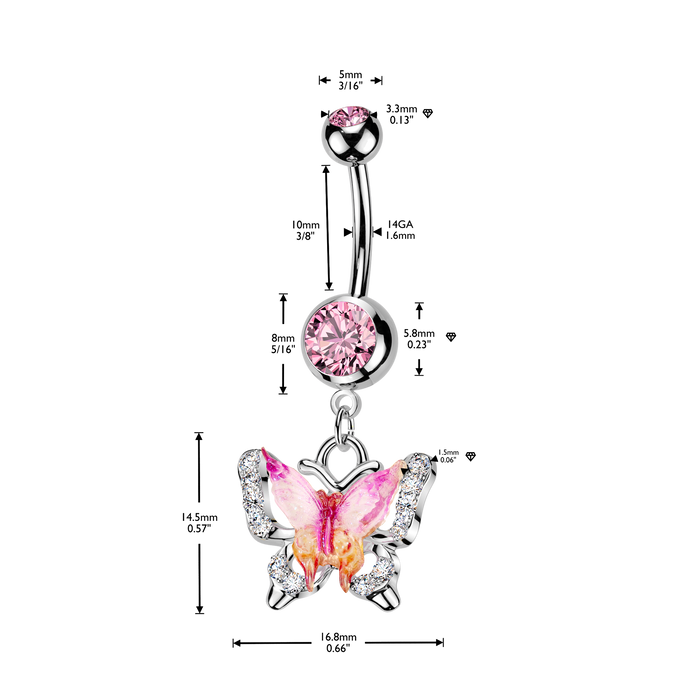 Pink Butterfly Dangle Belly Bar 14G