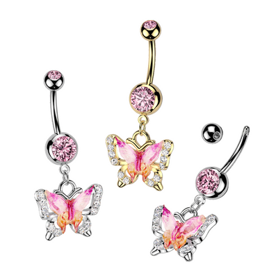 Pink Butterfly Dangle Belly Bar 14G