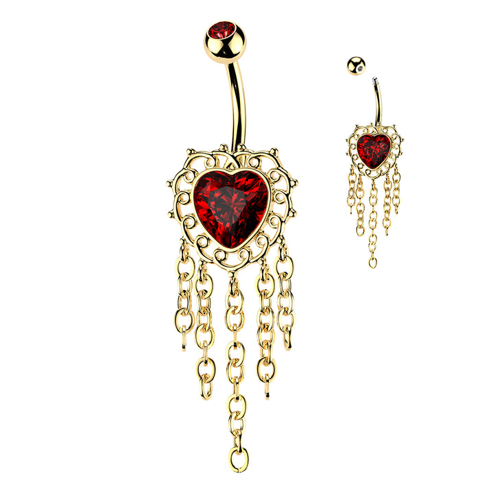 Red Heart Chain Filigree Belly Bar 14G