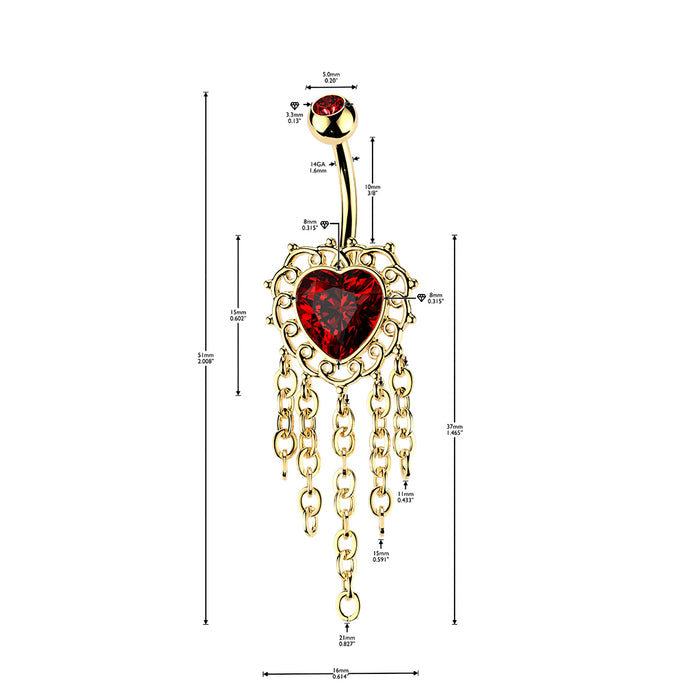 Red Heart Chain Filigree Belly Bar 14G