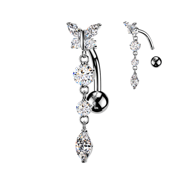 Butterfly Dangle Top Drop Belly Bar 14G