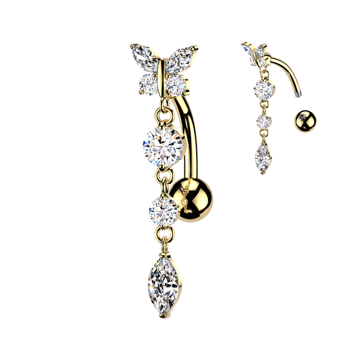 Butterfly Dangle Top Drop Belly Bar 14G