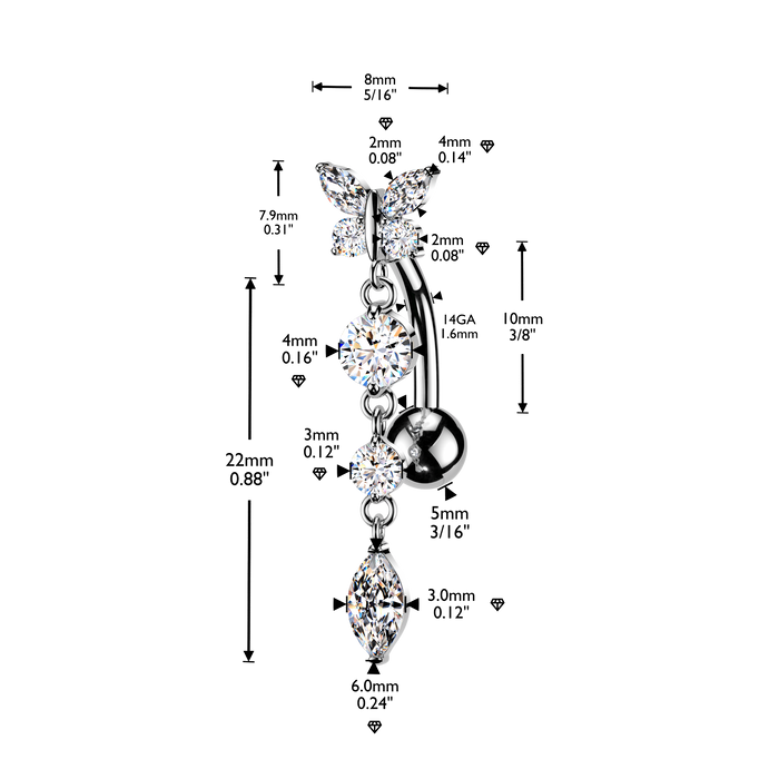 Butterfly Dangle Top Drop Belly Bar 14G