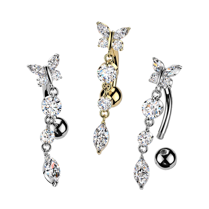 Butterfly Dangle Top Drop Belly Bar 14G