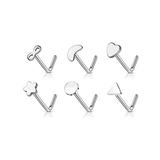 Set of silver nose rings with various shapes on a white background