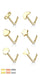 Gold nose rings in different shapes on a white background