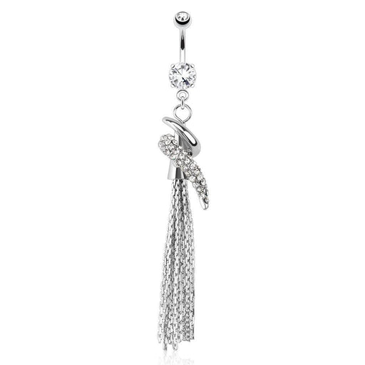 Paved Swirl and Chain Dangle Belly Bar 14G
