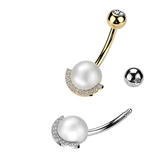 Pearl and Paved Gem Belly Bar 14G