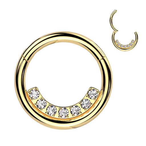 Gem Lined Hinged Ring – Gold 316L Surgical Steel with Clear CZ Gems for Septum, Daith & Helix Piercings
