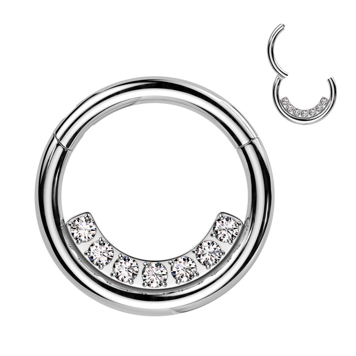 Gem Lined Hinged Ring – Silver 316L Surgical Steel with Clear CZ Gems for Septum, Daith & Helix Piercings
