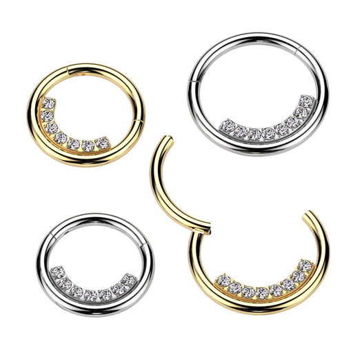 Gem Lined Hinged Ring – Silver or Gold 316L Surgical Steel with Clear CZ Gems for Septum, Daith & Helix Piercings
