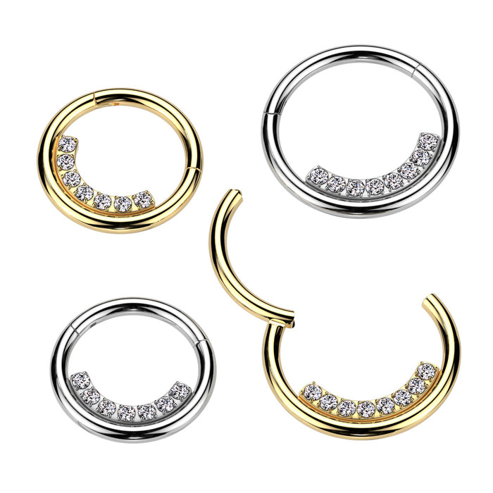 Gem Lined Hinged Ring – Silver or Gold 316L Surgical Steel with Clear CZ Gems for Septum, Daith & Helix Piercings
