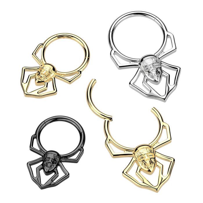 Spider Skull Hinged Ring – Silver, Black or Gold 316L Surgical Steel Gothic Septum, Daith & Helix Piercing
