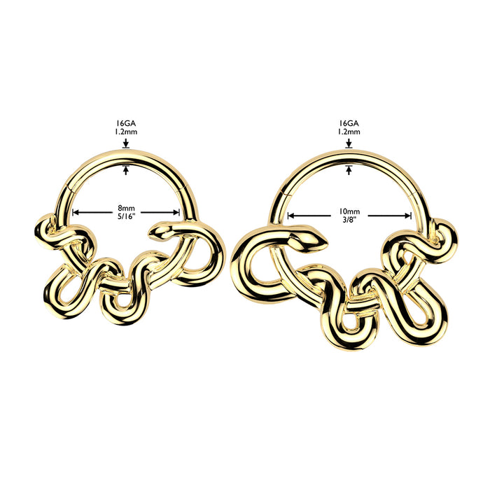 Coiled Snake Hinged Ring – Silver or Gold 316L Surgical Steel Daith, Helix & Septum Piercing Jewellery with measurements