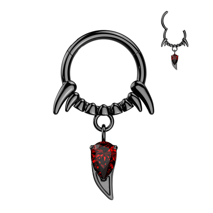 Fang Drop Hinged Ring – Black 316L Surgical Steel with Red CZ Gem for Septum, Daith & Helix Piercing