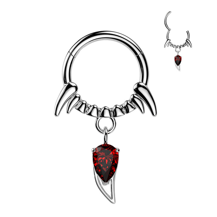 Fang Drop Hinged Ring – Gold 316L Surgical Steel with Red CZ Gem for Septum, Daith & Helix Piercing