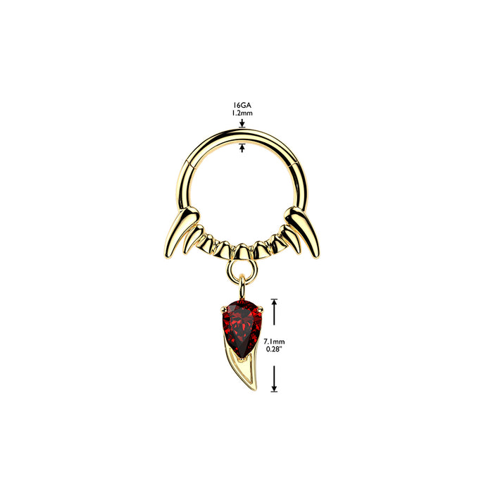 Fang Drop Hinged Ring – Silver, Black or Gold 316L Surgical Steel with Red CZ Gem for Septum, Daith & Helix Piercing with measurements