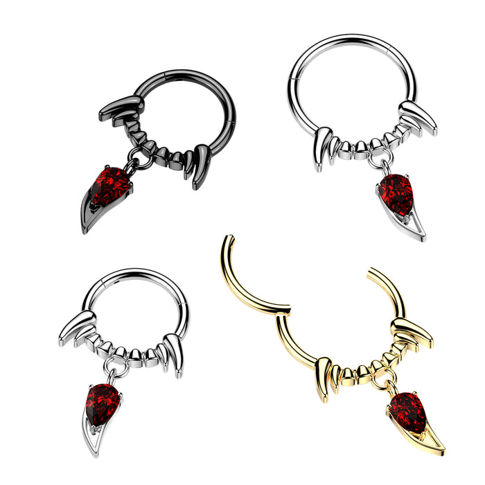 Fang Drop Hinged Ring – Silver, Black or Gold 316L Surgical Steel with Red CZ Gem for Septum, Daith & Helix Piercing