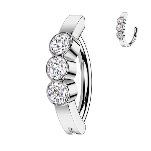 Triple Gem Hinged Belly Bar in Silver – 316L Surgical Steel with Triple CZ Gems