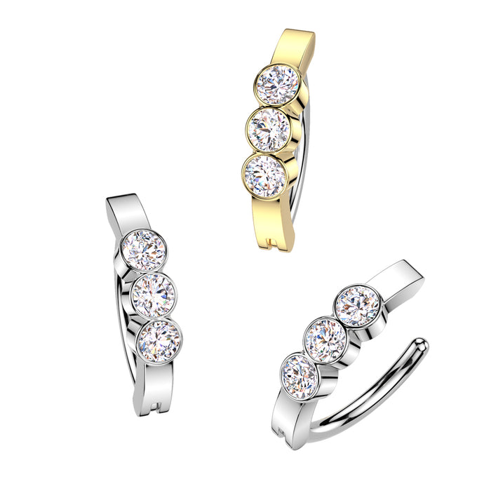 Triple Gem Hinged Belly Bar in Gold and Silver – 316L Surgical Steel with Triple CZ Gems