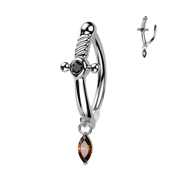 Dagger Hinged Belly Bar – silver PVD 316L surgical steel with CZ stones