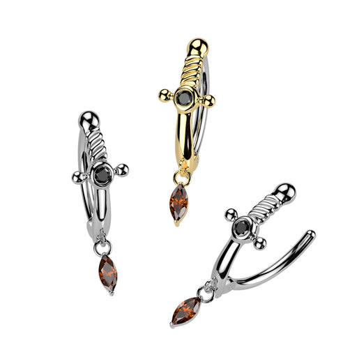 Dagger Hinged Belly Bar – Gold and Silver PVD 316L surgical steel with CZ stones