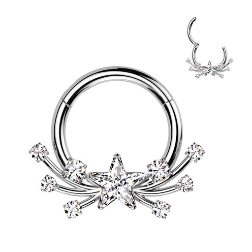 Titanium Shooting Star Hinged Ring – Silver Solid Titanium with Clear CZ Gems for Septum, Daith & Helix Piercings