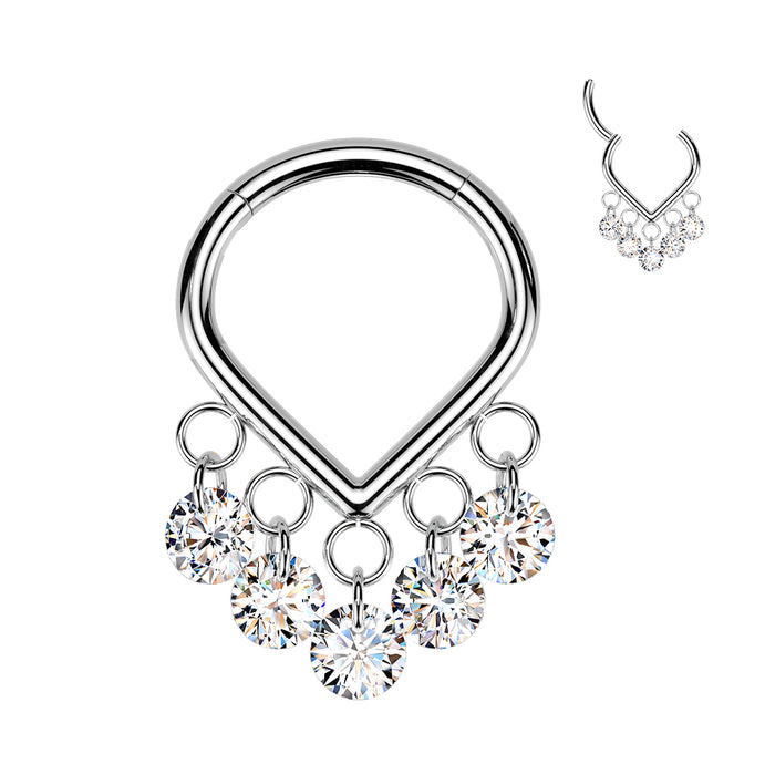 Titanium Chevron Gem Dangle Hinged Ring – Silver Solid Titanium with Clear CZ Gems for Septum, Daith & Helix Piercings