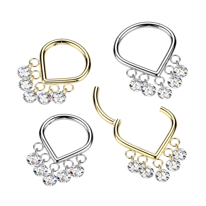 Titanium Chevron Gem Dangle Hinged Ring – Silver or Gold Solid Titanium with Clear CZ Gems for Septum, Daith & Helix Piercings