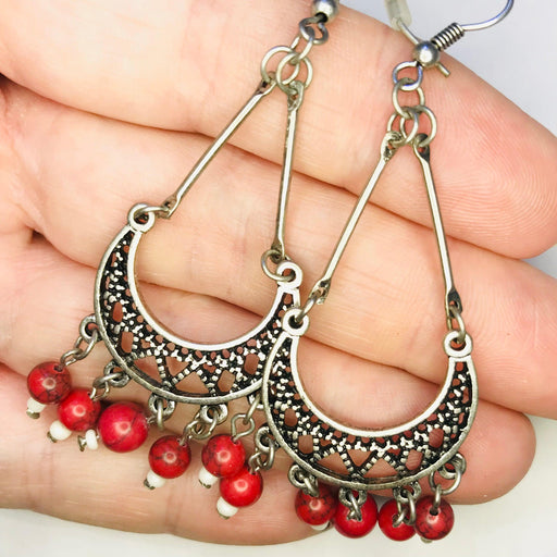 Red Vintage Crescent Beaded Earring Pair